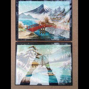 Two Japanese 12" x 9" Framed Silk Embroidered Paintings Pictures Vintage